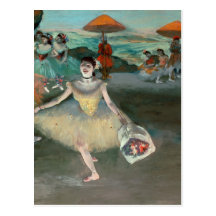 Dancer with bouquet, curtseying, 1877 post card