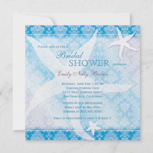 ... grunge chic blue damask and starfish sea themed bridal shower invites