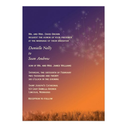 Dandelions in Sunset, Orange Purple Floral Wedding Invitation