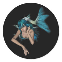 Dark Aqua Blue 3D Mermaid Round Stickers
