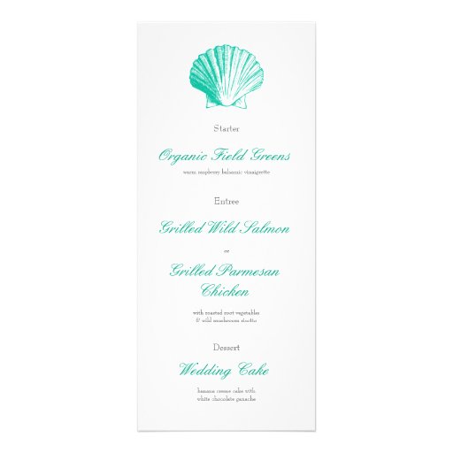 Dark Aqua Seashell Wedding Reception Dinner Menu Custom Invitation