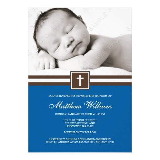 Dark Blue and Brown Cross Boy Photo Baptism Personalized Announcements (front side)
