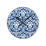 dark blue and white damask flourish wall clocks