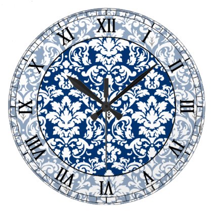 dark blue and white elegant damask roman numerals wall clock