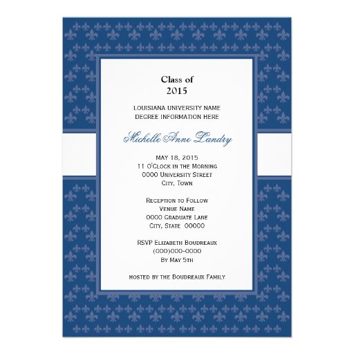 Dark Blue Fleur de Lis Graduation Personalized Invite