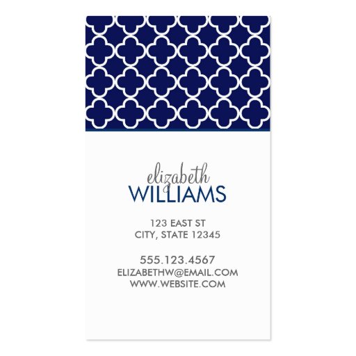Dark Blue Morrocan Quatrefoil Pattern Business Card (front side)