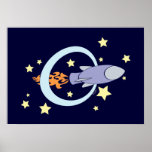 Dark Blue Rocket Kids Retro Space Poster