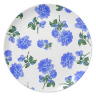 Dark Blue Roses floral pattern on White plate