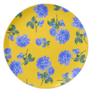 Dark Blue Roses golden yellow floral pattern plate