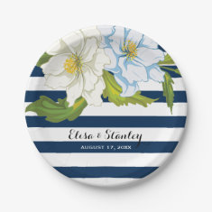   Dark blue stripes & flowers modern floral wedding 7 inch paper plate
