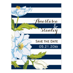   Dark blue stripes & flowers wedding Save the Date Postcard