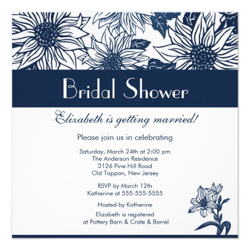 Dark Blue Sunflower Bridal Shower Invitation
