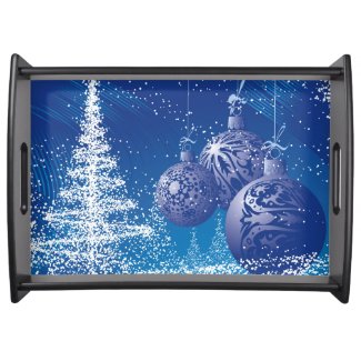 Dark Blue & White Christmas Tree & Ornaments Service Tray