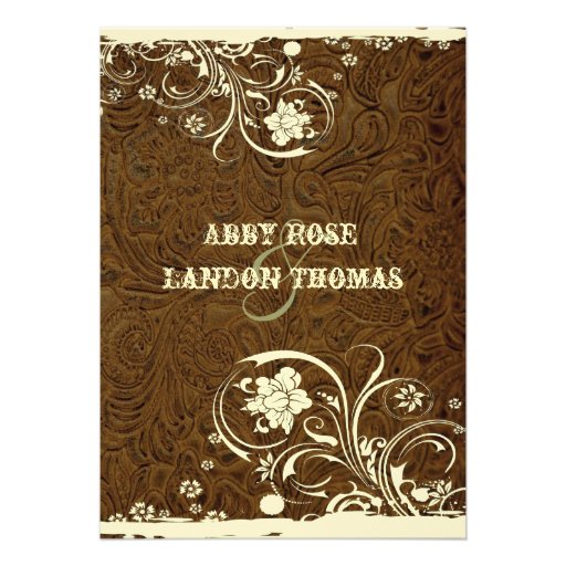 Dark Brown Leather Cream Lace Wedding Invitation