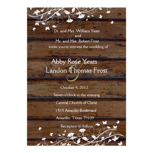 Dark Brown Wood, White Floral Wedding Invitation
