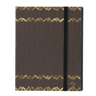 Dark Brown Wood With Gold Floral Border 3 iPad Cover