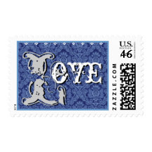 Dark Denim Blue Damask  LOVE Wedding Postage