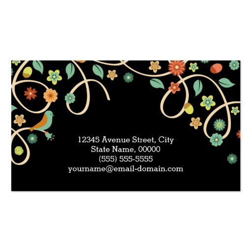Dark Elegant Swirl Floral Tree and Bird Business Cards (back side)