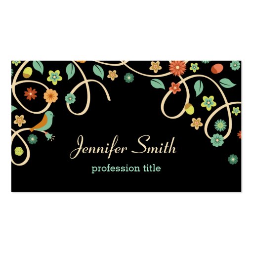 Dark Elegant Swirl Floral Tree and Bird Business Cards (front side)