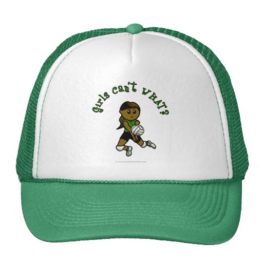 Dark Female Volleyball Player in Green Uniform Mesh Hat