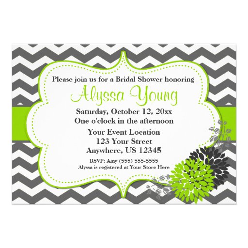 Dark Gray Lime Green Chevron Invitation