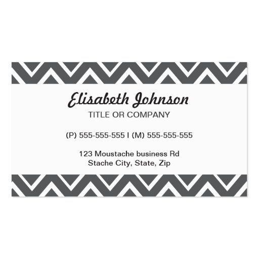 Dark gray whimsical zigzag chevron pattern business card template (back side)