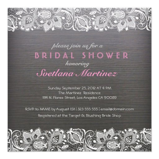 Dark Gray Wood & White Lace Bridal Shower Invite