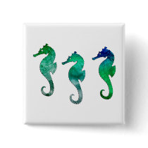 Dark Green Watercolor Seahorses Button