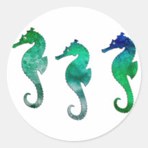 Dark Green Watercolor Seahorses Round Stickers