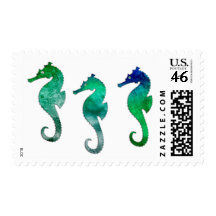 Dark Green  Watercolor Seahorses Stamps