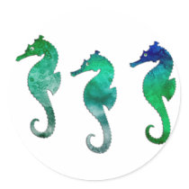 Dark Green Watercolor Seahorses Round Stickers