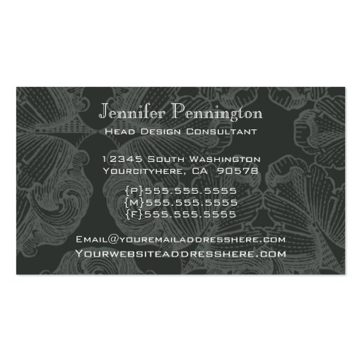 Dark grey elegant damask design business card (back side)