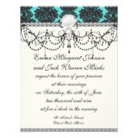 dark grey on aqua blue flourish damask pattern invites