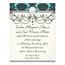 dark grey on aqua blue flourish damask pattern invites