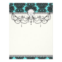 dark grey on aqua blue flourish damask pattern customized letterhead