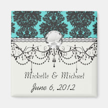 dark grey on aqua blue flourish damask pattern magnet