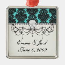 dark grey on aqua blue flourish damask pattern christmas ornaments