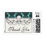dark grey on aqua blue flourish damask pattern stamp