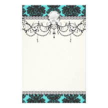dark grey on aqua blue flourish damask pattern custom stationery