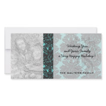 dark grey on aqua blue flourish damask photo card