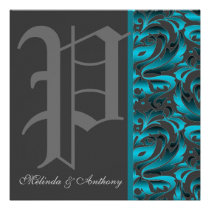 Dark Monogram "P" Teal Damask Invitation invitations