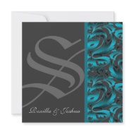 Dark Monogram Teal Damask Wedding Invitation invitation