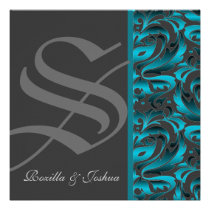 Dark Monogram Teal Damask Wedding Invitation invitations