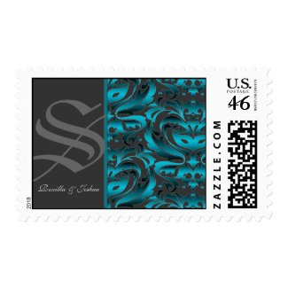 Dark Monogram Teal Damask Wedding Postage stamp