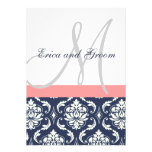 Dark Navy Damask Coral Monogram Wedding Invitation