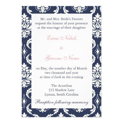 Dark Navy Damask Coral Monogram Wedding Invitation
