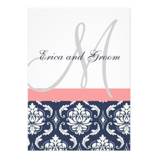 Dark Navy Damask Coral Monogram Wedding Invitation