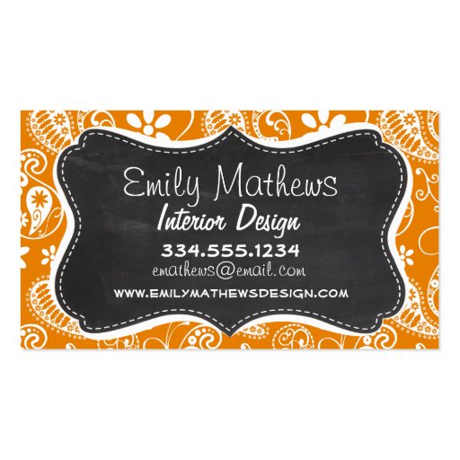 Dark Orange Paisley; Vintage Chalkboard look Business Card Template (front side)