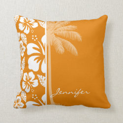 Dark Orange Tropical Hibiscus; Summer Palm Throw Pillows