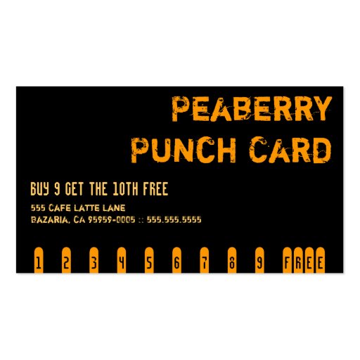 Dark Peaberry Coffee Drink Punch Card Business Card Templates (front side)
